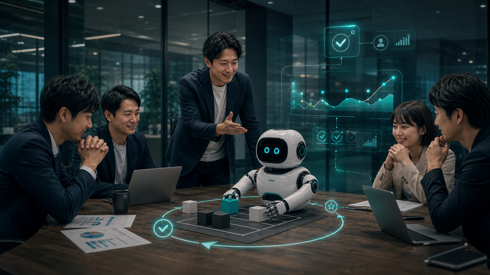 オフィスで強化学習の訓練を受ける小型ロボットとAIダッシュボード
