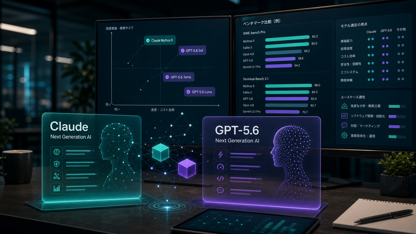 Claude Fable 5 Mythos 5 と GPT-5.6 系列を比較するイメージ