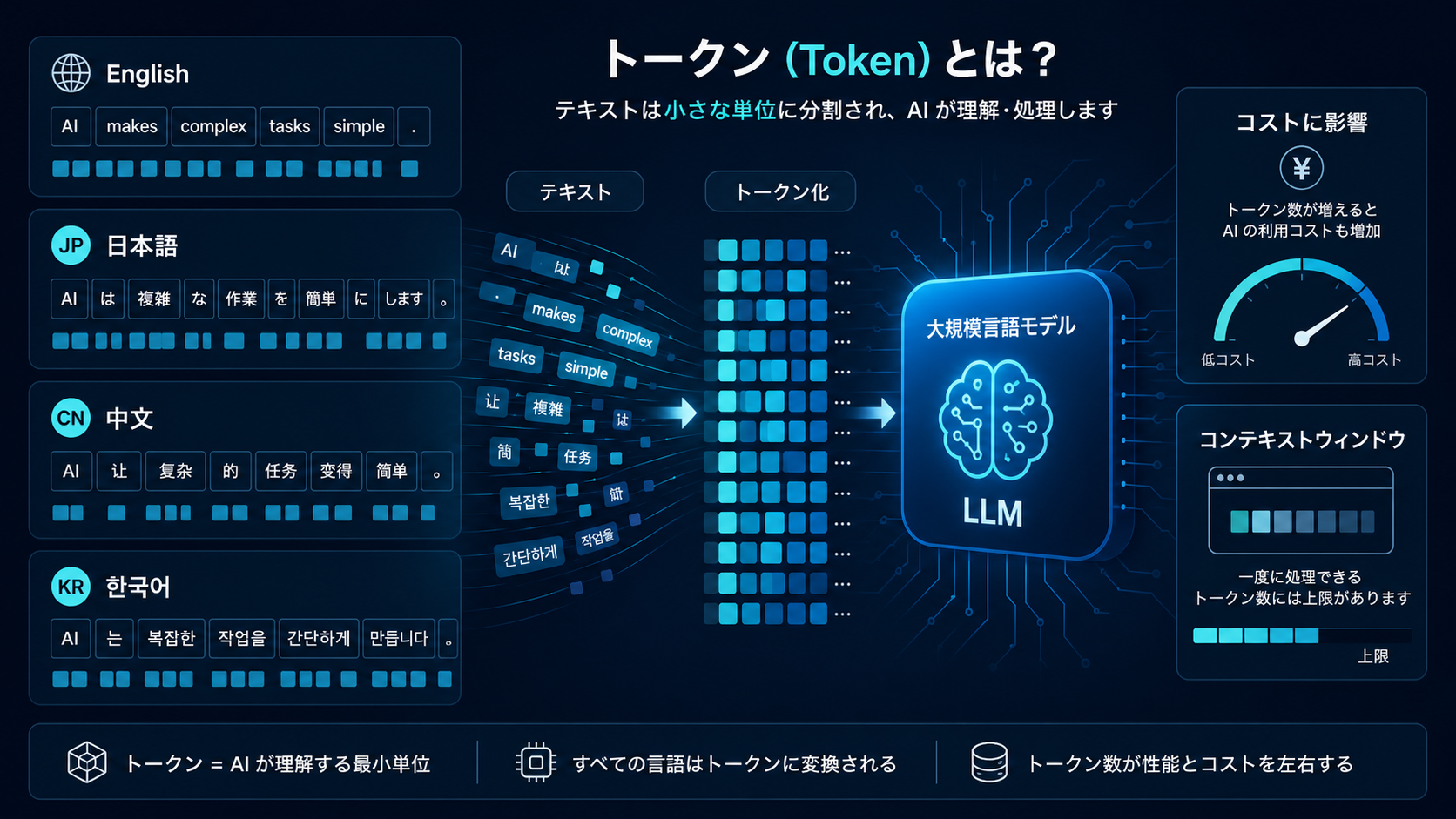 Tokenの仕組み、多言語の違い、AI利用コストを説明する図