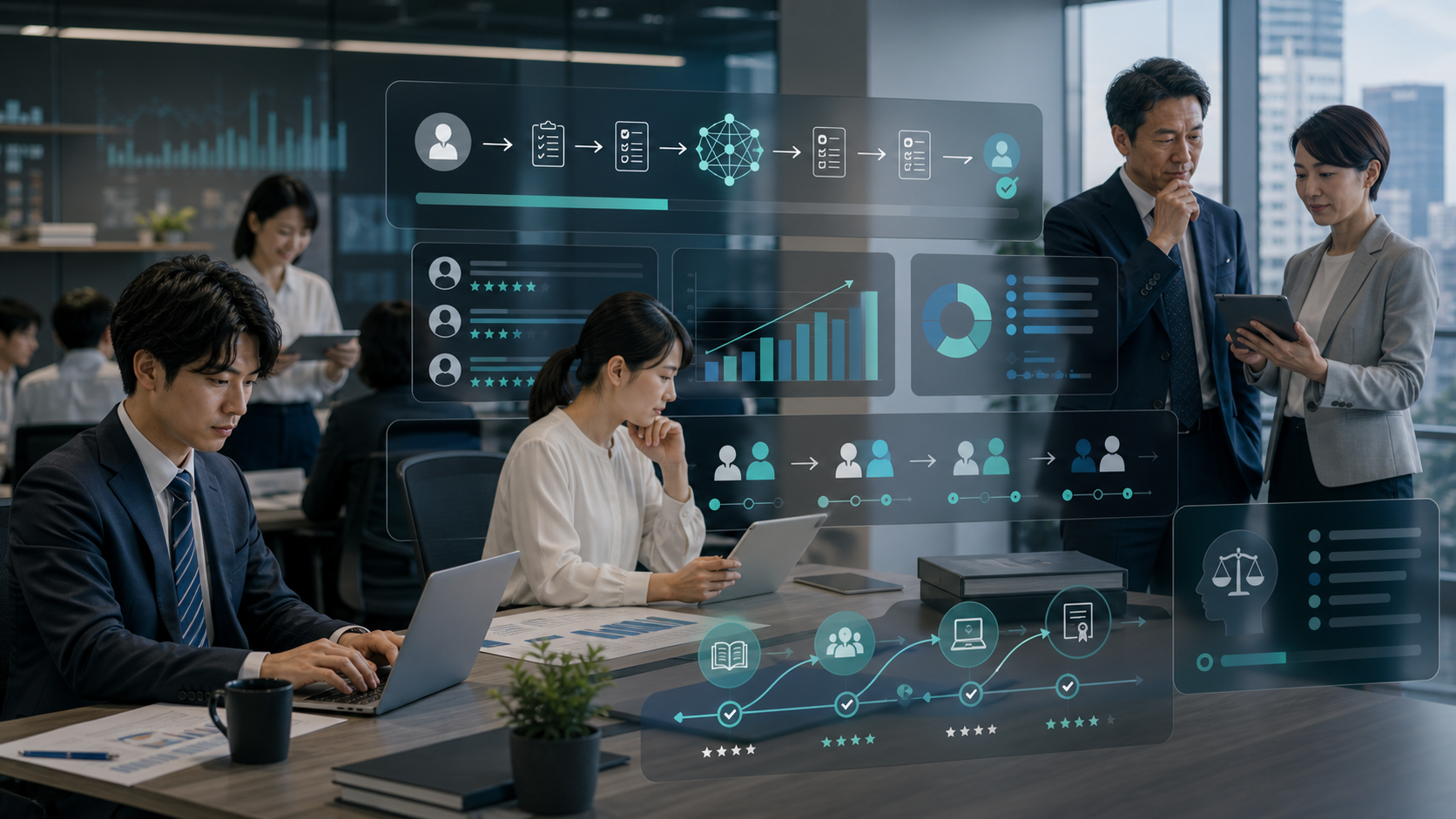 オフィスで若手社員と管理職がAIエージェントの業務フローと人材育成ダッシュボードを確認している画像