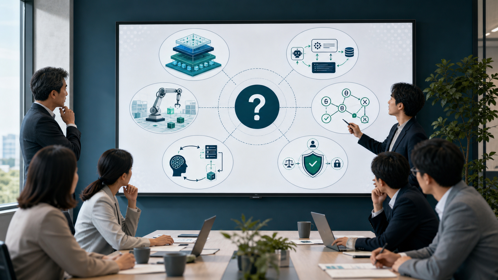 企業会議室でAGI研究の六つの流派を示すロードマップを確認しているビジネス画像