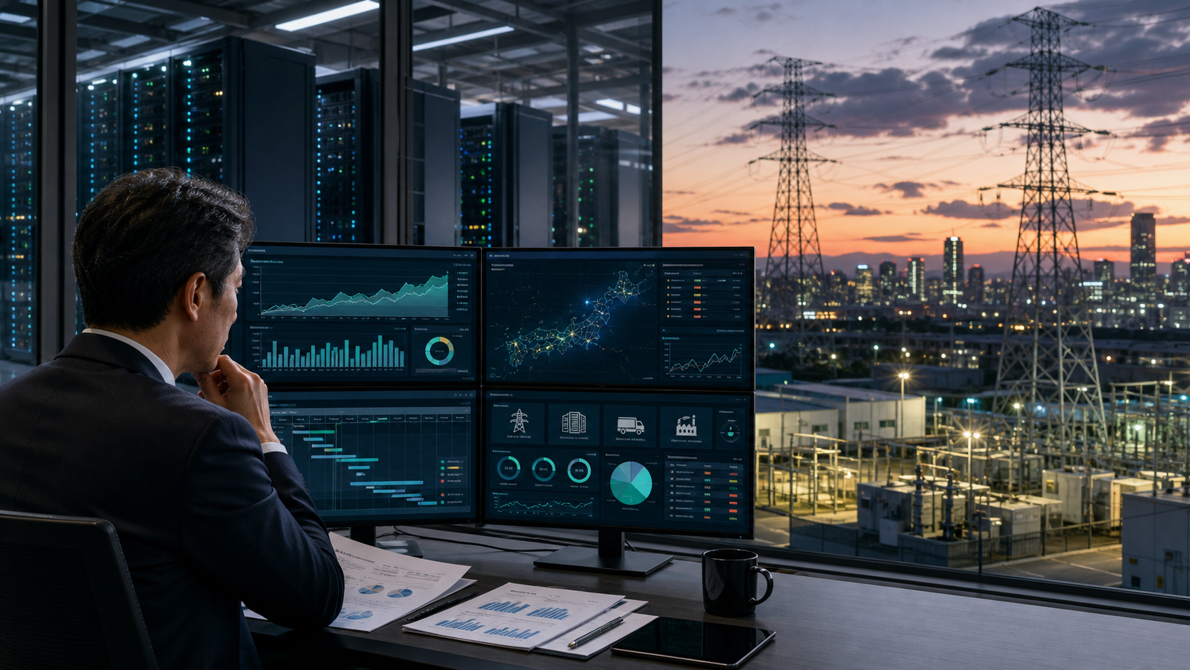 AIデータセンターと電力網を背景に、経営者が電力容量と供給網リスクのダッシュボードを確認している画像